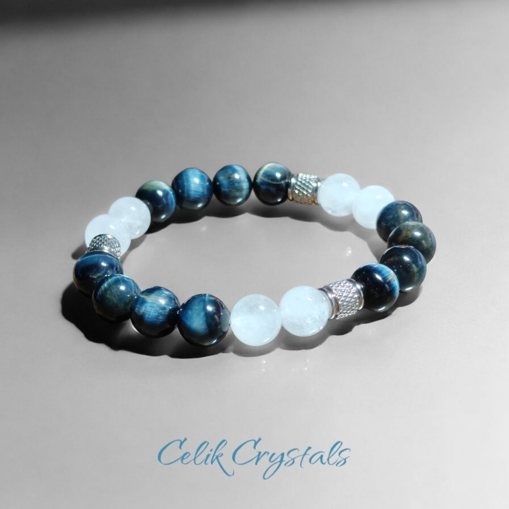 AAA Blue Tiger Eye Bracelet with White Quartz and Stainless Steel Spacers 10mm